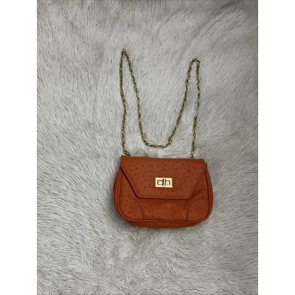 Chico's Bag Women's Orange Ostrich Textured Gold Chain Shoulder Handbag Purse